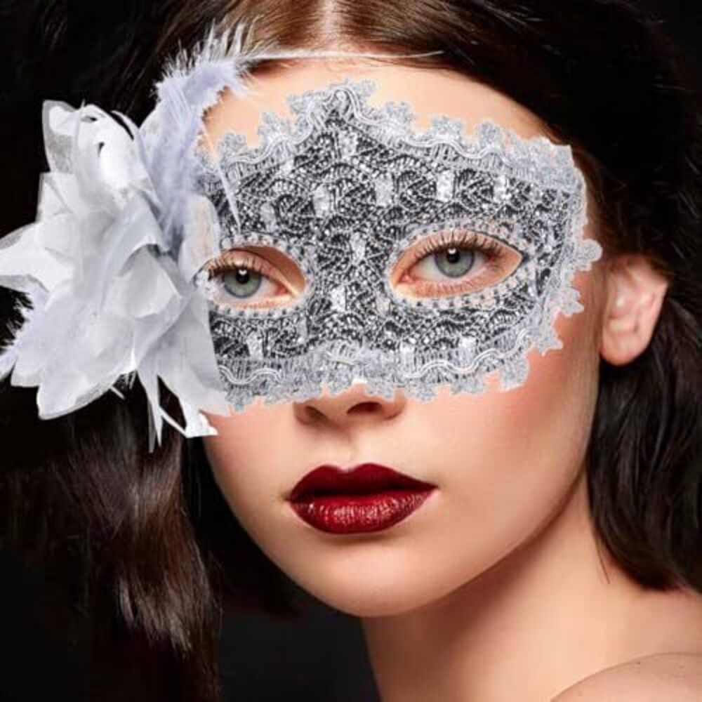 8125 Jernay Flower Feather Masquerade Mask Black Lace Venetian Masks